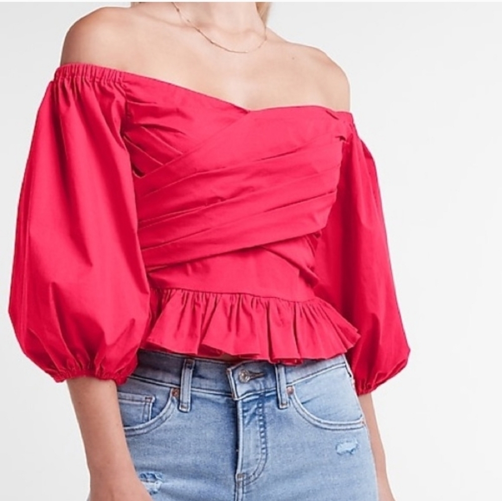 Express Off The Shoulder, Puff Sleeve Wrap Front Top